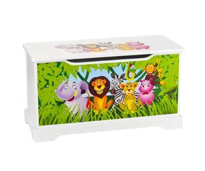 Leomark Coffre à Jouets En Bois Récipient Pour Les Jouets, Motif Animaux Jungle Banc à Rangement Children Coffre à Jouet Excellent Qualité Coloris Blanc Wooden Box Dimensions: L 59 x P 26 x H 32 cm