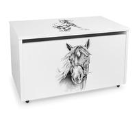 Leomark Coffre de Rangement pour Enfants - Cheval - Organisateur à jouets en bois, Conteneur à jouets, banc sur roulettes, Dimensions: L 71 x P 40 x H 46 cm
