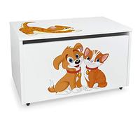 Leomark Coffre de Rangement pour Enfants - Chien et Chat - Organisateur à jouets en bois, Conteneur à jouets, banc sur roulettes, Dimensions: L 71 x P 40 x H 46 cm
