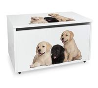 Leomark Coffre de Rangement pour Enfants - Chiens- Organisateur à jouets en bois, Conteneur à jouets, banc réglable, sur roulettes, Dimensions: L 71 x P 40 x H 46 cm