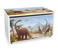 Leomark Coffre de Rangement pour Enfants - Dinosaures - Organisateur à jouets en bois, Conteneur à jouets, banc réglable, sur roulettes, Dimensions: L 71 x P 40 x H 46 cm