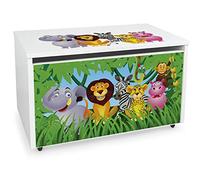 Leomark Coffre de Rangement pour Enfants - JUNGLE- Organisateur à jouets en bois, Conteneur à jouets, banc sur roulettes, Dimensions: L 71 x P 40 x H 46 cm