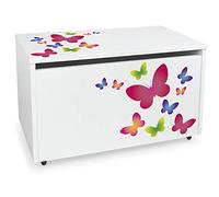 Leomark Coffre de Rangement pour Enfants - Papillons - Organisateur à jouets en bois, Conteneur à jouets, banc réglable, sur roulettes, Dimensions: L 71 x P 40 x H 46 cm