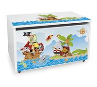 Leomark Coffre de Rangement pour Enfants - Pirates - Organisateur à jouets en bois, Conteneur à jouets, banc réglable, sur roulettes, Dimensions: L 71 x P 40 x H 46 cm