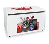 Leomark Coffre de Rangement pour Enfants - Service Automobile - Organisateur à jouets en bois, Conteneur à jouets, banc réglable, sur roulettes, Dimensions: L 71 x P 40 x H 46 cm