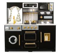 Leomark Cuisine en Bois pour Enfants Royal Black - Nombreuses Fonctionnalités Interactives et Accessoires, Robinet à Écoulement d’Eau Réel, Lumières, Sons, Design Noir et Doré, Jouet Créatif
