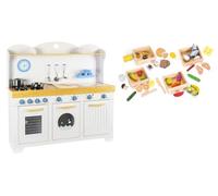 Leomark Cuisine en Bois Saint-Tropez avec Ensemble Alimentaire en Bois - 36 Pièces pour Petits Chefs Blanc Bleu H107x106x32cm, Accessoires Réalistes Horloge, Four, Lave-Linge et Lave-Vaisselle