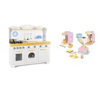 Leomark Cuisine en Bois Saint-Tropez avec Ensemble d'Électroménagers - Jeu Complet pour Petits Chefs Blanc Bleu H107x106x32cm, Accessoires Réalistes Horloge, Four, Lave-Linge et Lave-Vaisselle