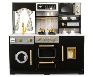 Leomark Cuisine Enfant en Bois Royal Black, Jeux d'Imitation Noir et Or | Plan de travail effet marbre à 55 cm, évier, micro-ondes, machine à café, lave-linge et ustensiles fournis, dès 3 ans