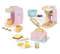 Leomark Ensemble de Jeu en Bois - 3 en 1 - Grille-Pain en Bois, Robot de Cuisine, Machine à café, Accessoires pour Enfant, Jeu d'Imitation + Pendentif réfléchissant