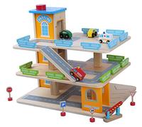 Leomark Garage en Bois + 9 Voitures en métal, Parking à 3 Niveaux avec Ascenseur et Voitures, Garage Véhicule Miniature Hauteur du Garage 40 cm