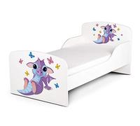 Leomark Moderne Lit d'enfant Toddler avec Matelas Couleur Blanc Motif: Charmant Dragon Chambre pour Les Enfants Meubles pour Enfants Confortable Fonctionnel Lit Simple Zone de Couchage 70/140 cm