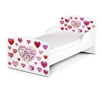 Leomark Moderne Lit d'enfant Toddler avec Matelas Couleur Blanc Motif: Coeurs Doux Amour Love Meubles pour Enfants Confortable Fonctionnel Lit Simple Zone de Couchage 70/140 cm