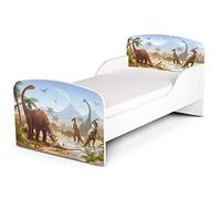 Leomark Moderne Lit d'enfant Toddler avec Matelas Couleur Blanc Motif: Dinosaures Chambre pour Les Enfants Meubles pour Enfants Confortable Fonctionnel Lit Simple Zone de Couchage 70/140 cm