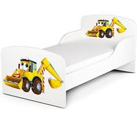 Leomark Moderne Lit d'Enfant Toddler Avec Matelas Couleur Blanc Motif: Pelle Jaune Véhicules De Construction Chambre Pour Les Enfants Meubles Pour Enfants Confortable Fonctionnel Lit Simple Zone de couchage 70/140 cm