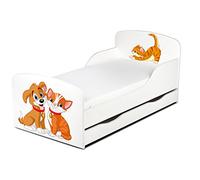 Leomark Moderne Lit d'enfant Toddler avec Matelas et Un tiroir Couleur Blanc Motif: Amis Félins Meubles pour Enfants Confortable Fonctionnel Lit Simple Zone de Couchage 70/140 cm