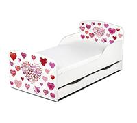 Leomark Moderne Lit d'enfant Toddler avec Matelas et Un tiroir Couleur Blanc Motif: Cœurs Amour Love Meubles pour Enfants Confortable Fonctionnel Lit Simple Zone de Couchage 70/140 cm