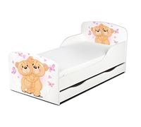 Leomark Moderne Lit d'enfant Toddler avec Matelas et Un Tiroir Couleur Blanc Motif: de l'ours Amis Bears Meubles pour Enfants Confortable Fonctionnel Lit Simple Zone de Couchage 70/140 cm