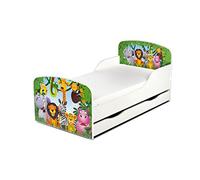 Leomark Moderne Lit d'enfant Toddler avec Matelas et Un Tiroir Couleur Blanc Motif: Décoration Jungle Animaux Confortable Fonctionnel Lit Simple Zone de Couchage 70/140 cm
