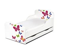 Leomark Moderne Lit d'Enfant Toddler Avec Matelas et un Tiroir Couleur Blanc Motif: Décoration Papillons Colorés Chambre Pour Les Enfants Meubles Pour Enfants Confortable Fonctionnel Lit Simple Zone de couchage 70/140 cm