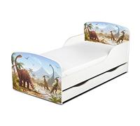 Leomark Moderne Lit d'enfant Toddler avec Matelas et Un tiroir Couleur Blanc Motif: Dinosaures Meubles pour Enfants Confortable Fonctionnel Lit Simple Zone de Couchage 70/140 cm