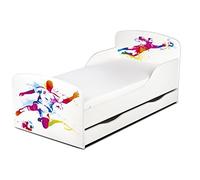 Leomark Moderne Lit d'enfant Toddler avec Matelas et Un tiroir Couleur Blanc Motif: Footballeur Football Meubles pour Enfants Confortable Fonctionnel Lit Simple Zone de Couchage 70/140 cm