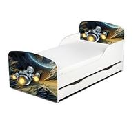 Leomark Moderne Lit d'enfant Toddler avec Matelas et Un tiroir Couleur Blanc Motif: Intergalactic Cosmos Meubles pour Enfants Confortable Fonctionnel Lit Simple Zone de Couchage 70/140 cm