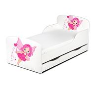 Leomark Moderne Lit d'enfant Toddler avec Matelas et Un Tiroir Couleur Blanc Motif: la Fée Chambre pour Les Enfants Meubles pour Enfants Confortable Fonctionnel Lit Simple Zone de Couchage 70/140 cm