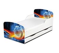 Leomark Moderne Lit d'enfant Toddler avec Matelas et Un tiroir Couleur Blanc Motif: Le Football Meubles pour Enfants Confortable Fonctionnel Lit Simple Zone de Couchage 70/140 cm