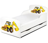 Leomark Moderne Lit Enfant en Bois ~ Excavatrice Jaune ~ avec Un Matelas en Mousse (10 cm) et Un tiroir, Couleur Blanc Meubles pour Enfants, Confortable Lit Simple/Zone de Couchage 70/140 cm/