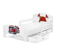 Leomark Moderne Smart Lit d'enfant Toddler 140x70 Motif: Pompiers Fonctionnel Lit Simple avec Un Tiroir Lit pour Enfant avec Rangement et Matelas (140x70 cm) Grand Tiroir en Textile 2 Pièces