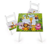 Leomark Table et 2 chaises Table pour Enfants Petit Bureau Couleur Blanc avec Motif Jungle Animaux Dimensions: L 60 x L 60 x H 42 Durable, Multiusage et Facile à Installer