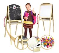 Leomark Tableau en bois double face - XL - Double Face Blanche Magnétique + Ardoise Craie pour enfants, Chevalet avec Accessoires, Jeux Educatif, réglage de la hauteur+ Pendentif réfléchissant