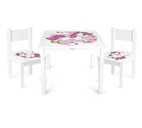 Leomark Yeti Table et 2 chaises Enfant Chambre Bébé Table pour Enfants Meuble Chaise Dimensions: L 60 x L 60 x H 49 Couleur Blanc avec Motif: Lovely Licorne