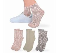 LEON D'ORO Chaussettes sans élastique pour femme en coton léger, 3 paires de chaussettes pour femme Viscose à la mode Made in Italy, 1 paire de zébres, 1 paire tachetée, 1 paire de tapis ASS1, Taille