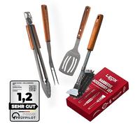LEÓN Goods® : Set d'accessoires de barbecue [+brosse à barbecue] Pince à barbecue, spatule, fourchette à barbecue, nettoyant pour barbecue également pour barbecue à gaz Coffret cadeau en acier