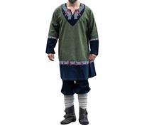 Leonardo Carbone® Freydis Tunique unisexe | Broderie à la main | Col en V | Carnaval, Halloween, cosplay, LARP, Moyen-Âge, Viking, Costume, Robe | 100 % coton, olive, L-XL