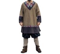 Leonardo Carbone® Freydis Tunique unisexe | Broderie à la main | Col en V | Carnaval, Halloween, cosplay, LARP, Moyen-Âge, Viking, Costume, Robe | 100 % coton, sable, L-XL