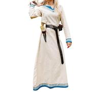 Leonardo Carbone® Lagertha Robe pour femme | Broderie à la main | Col en V | Carnaval, Halloween, cosplay, LARP, Viking, Moyen-Âge, Costume, Robe de fête | 100 % coton, Naturel/bleu, L