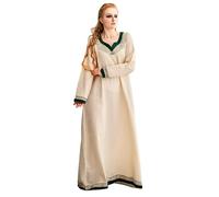 Leonardo Carbone® Lagertha Robe pour femme | Broderie à la main | Col en V | Carnaval, Halloween, cosplay, LARP, Viking, Moyen-Âge, Costume, Robe de fête | 100 % coton, Naturel/vert, L