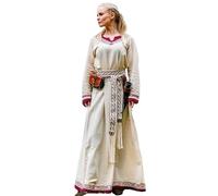Leonardo Carbone® Lagertha Robe pour femme | Broderie à la main | Col en V | Carnaval, Halloween, cosplay, LARP, Viking, Moyen-Âge, Costume, Robe de fête | 100 % coton, Naturel/rouge, L