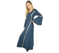 Leonardo Carbone® Robe à bordure Sophie pour femme - Laçage réglable - Manches trompettes fluides - Carnaval, Halloween, cosplay, LARP, médiéval, fantastique, costume - 100 % coton - Bleu - Taille L