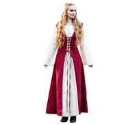 Leonardo Carbone® Robe Genefe pour femme - Avec capuche - Lacets à l'avant et à l'arrière - Carnaval, Halloween, cosplay, LARP, médiéval, costume, robe, robe de fête - 100 % coton, rouge/naturel, 3XL
