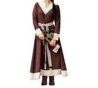 Leonardo Carbone® Robe Jorunn pour femme - Col en V avec broderie - Taille tressée - Carnaval, Halloween, cosplay, LARP, Viking, Moyen Âge - 100 % coton, Marron/naturel, XL