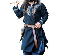 Leonardo Carbone® Tunique viking Snorri - Vêtement médiéval pour homme, chemise médiévale, costume de carnaval pour homme, tunique viking, vêtements LARP - 100 % coton avec broderie urnes, noir/bleu,