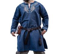 Leonardo Carbone® Tunique viking Snorri - Vêtement médiéval pour homme, chemise médiévale, costume de carnaval pour homme, tunique viking, vêtements LARP - 100 % coton avec broderie urnes, gris/bleu,