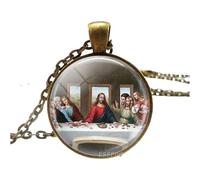 Leonardo Da Vinci Collier avec chaîne vintage en bronze Mona Lisa, la Cène, statue de cheval, Verre