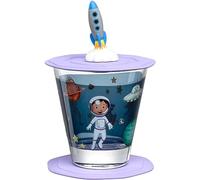 LEONARDO HOME Bambini Avventura 023674 Lot de 3 verres pour enfant, avec couvercle et soucoupe, motif de l'espace, taille S, contenance 215 ml, motif de l'espace