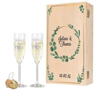 Leonardo Lot de 2 flûtes à champagne avec nom et cœurs gravés avec boîte en bois imprimée au design eucalyptus - Cadeau de mariage pour les mariés