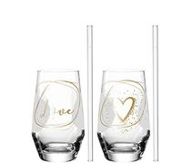 Leonardo Presente 029184 Lot de 4 verres à eau lavables au lave-vaisselle avec gravure et paille Motif Love Jus 365 ml